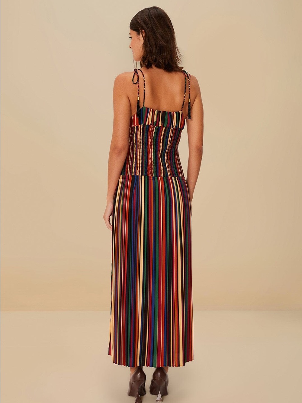 Farm Rio Rainbow Stripe Midi Dress M Boho Lace Up Tassel Resort Vacation - Picture 2 of 4